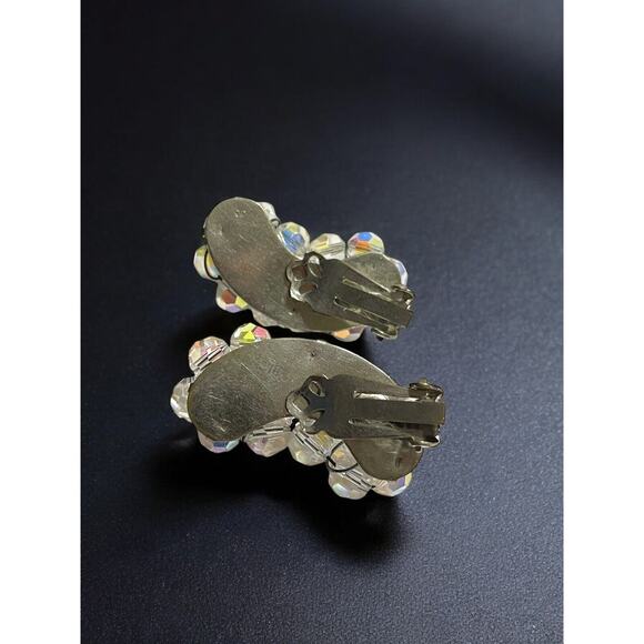 Vintage Climber Aurora Borealis Cluster Clear Clip On Earrings Mid Century - Picture 4 of 4